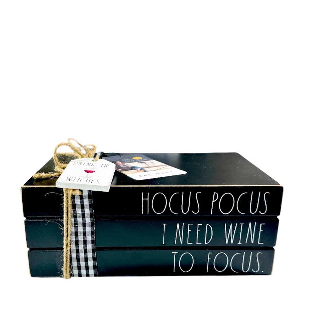 NEW Rae Dunn HOCUS POCUS I NEED WINE TO FOCUS Halloween Decorative Book Stack